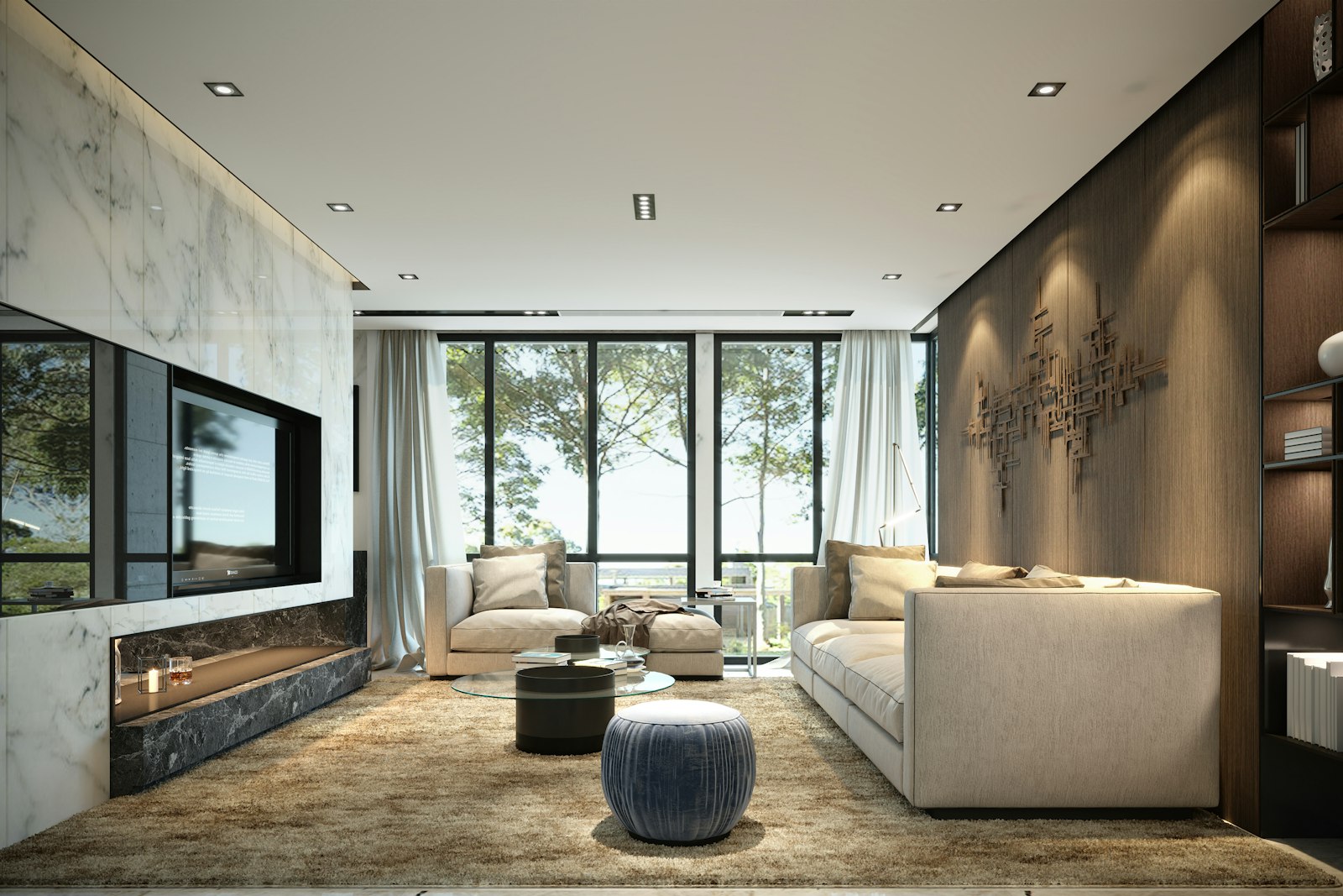 Modern living room with large windows representing a quality property